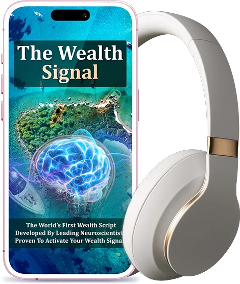 The Wealth Signal digital audio program shown on a phone with headphones
